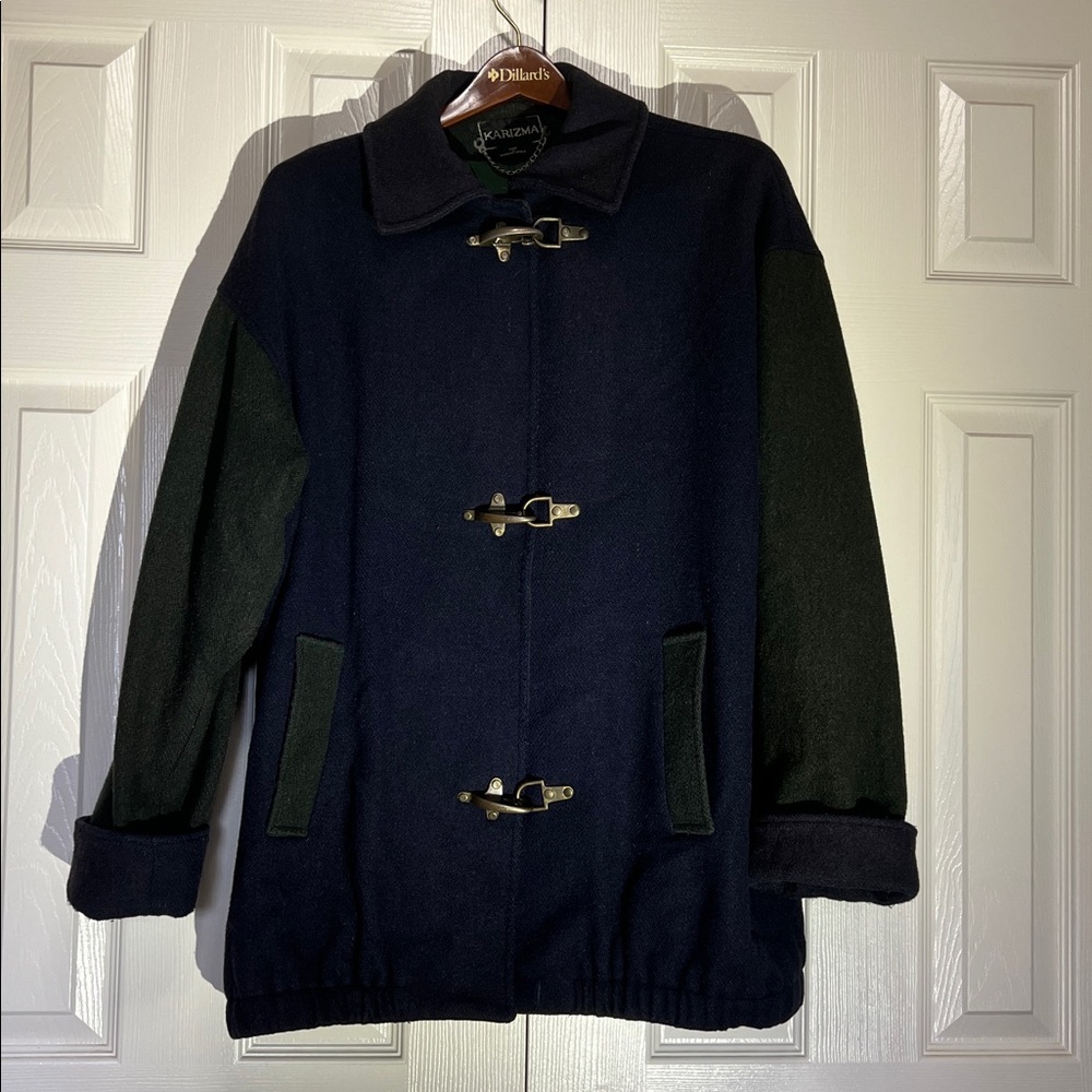 Vintage Karizma Women’s Navy and Green Toggle Coat Sz 14